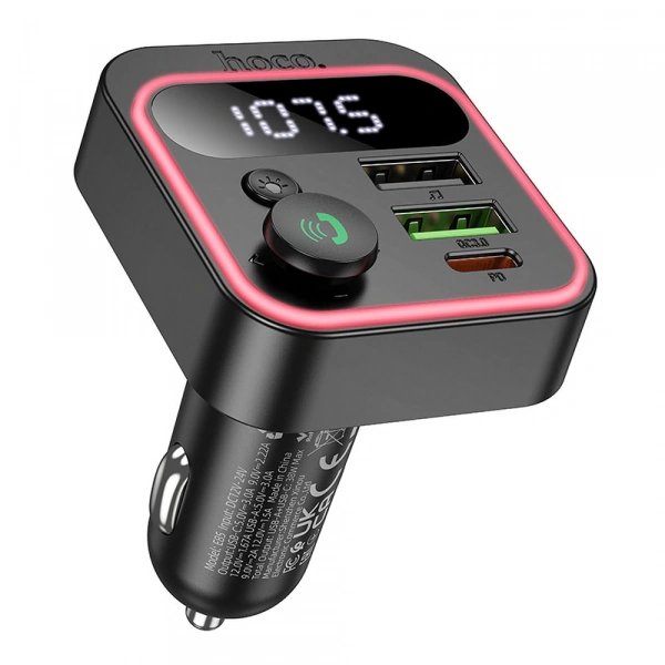 Modulator FM HOCO E85 2 x USB-A, 1x USB-C, RGB, Bluetooth 5.4, 38W, negru - Imagine 1