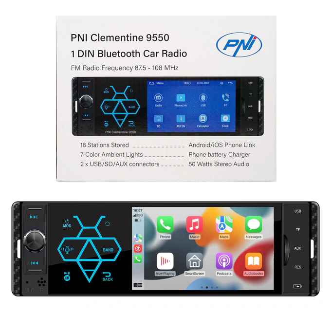 MP5 player auto PNI Clementine 9550 1DIN display 4 inch 50Wx4 PNI-MP5-9550, Bluetooth, radio FM, Carplay, functie RDS - Imagine 1