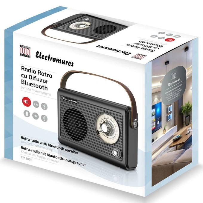 Radio portabil Electromures EM 1005, 5 W, FM, alimentare acumulator, Bluetooth, USB, Aux in, design retro, maro - Imagine 4
