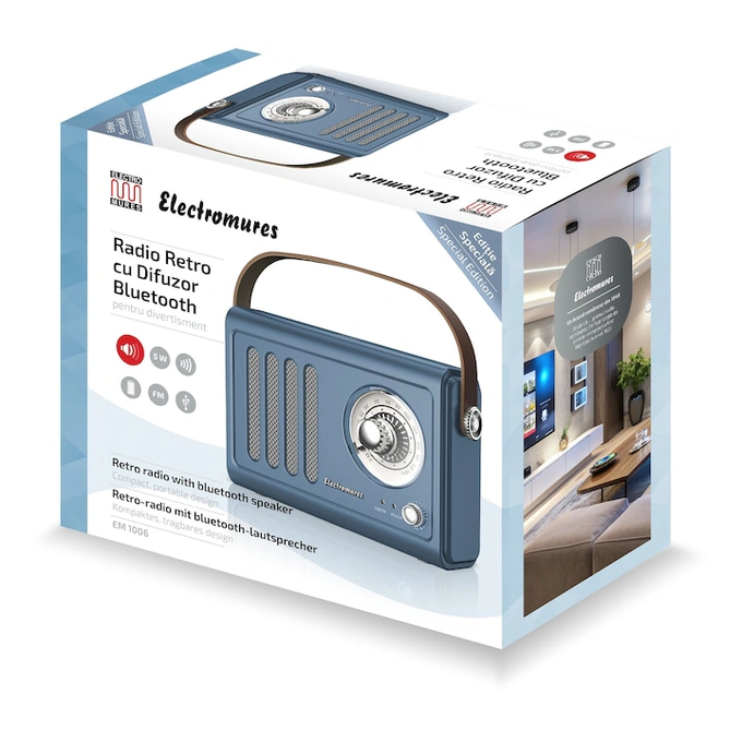 Radio portabil Electromures EM 1006, FM, 5 W, alimentare acumulator, Bluetooth, USB, Aux in, design retro, albastru - Imagine 8