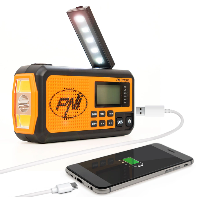 PNI Radio portabil PNI-DYN300, cu dinam, incarcare solara, lanterna, powerbank 4000 mAh, SOS, IPX3, orange, kit Blackout - IT-Fashion.ro