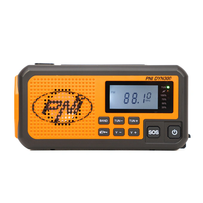 Radio portabil PNI-DYN300, cu dinam, incarcare solara, lanterna, powerbank 4000 mAh, SOS, IPX3, orange, kit Blackout - Imagine 3