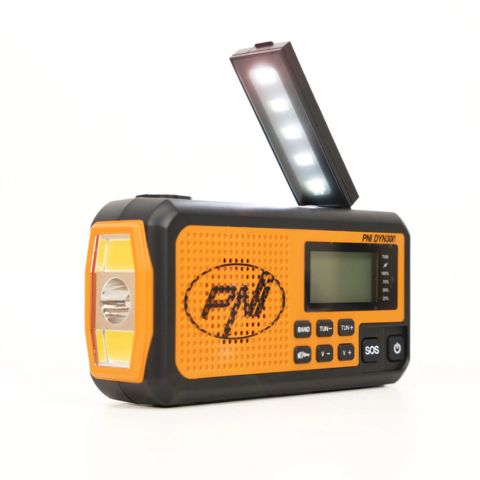 Radio portabil PNI-DYN300, cu dinam, incarcare solara, lanterna, powerbank 4000 mAh, SOS, IPX3, orange, kit Blackout - Imagine 4