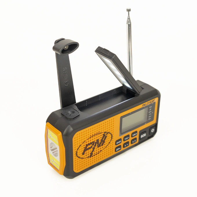 Radio portabil PNI-DYN300, cu dinam, incarcare solara, lanterna, powerbank 4000 mAh, SOS, IPX3, orange, kit Blackout - Imagine 6