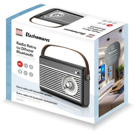Radio Retro ElectroMures EM 1007 FM 87.5-108 MHz Bluetooth Baterie Reincarcabila 1500mAh Autonomie 6 Ore 5W Negru - Imagine 4
