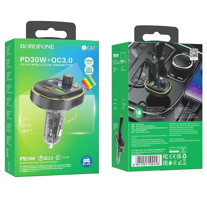 Transmitator FM Borofone BC47 Might MP3, Bluetooth - 2xUSB + Tip C - QC 3.0 18W PD 30W gri - Imagine 4