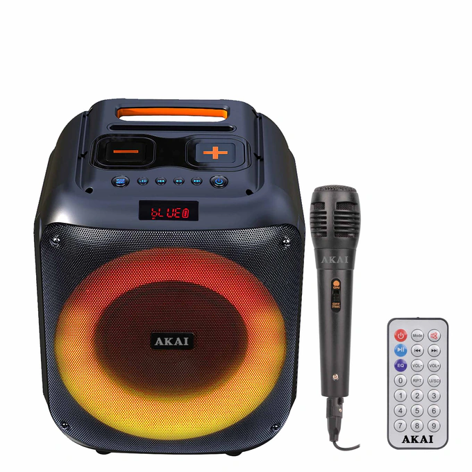 Boxa portabila activa Akai ABTS-V30, 40 W, Bluetooth, USB, slot card microSD / TF, Aux in, functie Karaoke, functie TWS, lumini dinamice, negru, microfon, telecomanda - Imagine 1