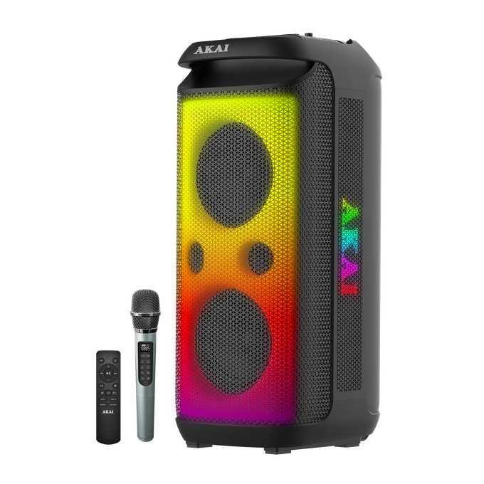 Boxa portabila activa Akai Party Speaker 600, 120 W, Bluetooth, USB, functie Karaoke, lumini dinamice, rezistenta la apa IPX4, negru, microfon, telecomanda - Imagine 1