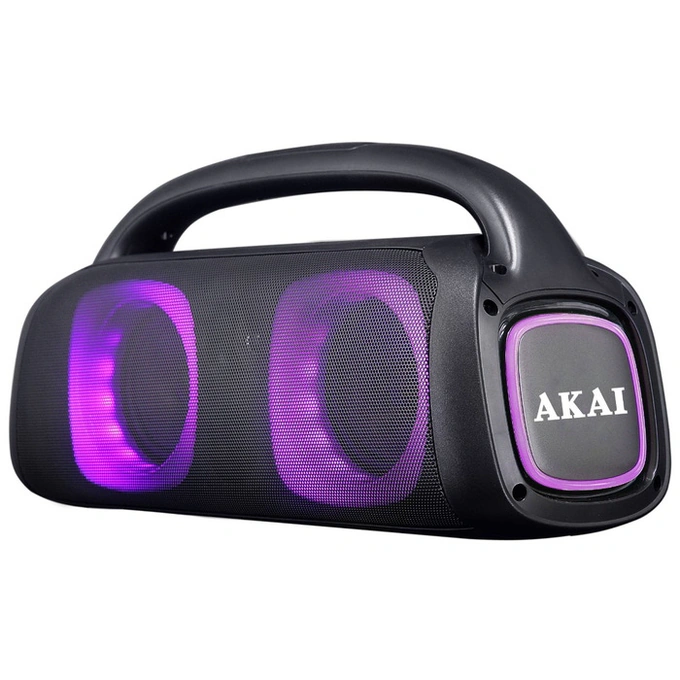 AKAI Boxa portabila activa Akai ABTS-100, 60 W, Bluetooth, USB, slot card microSD, Aux in, radio FM, functie Karaoke, lumini dinamice, negru, microfon - IT-Fashion.ro
