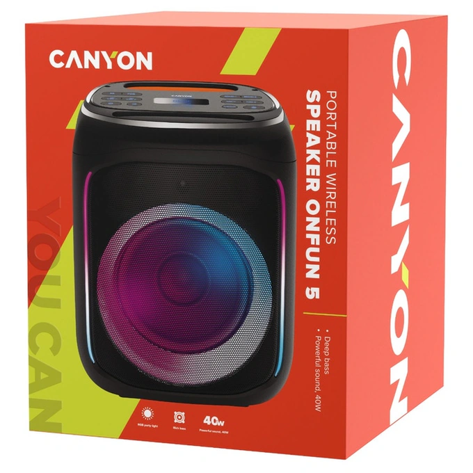 Boxa portabila activa, Canyon OnFun 5, 40 W, Bluetooth, USB, slot card microSD, Aux in, intrare microfon, lumini dinamice, egalizator, True Wireless Stereo, negru - Imagine 5