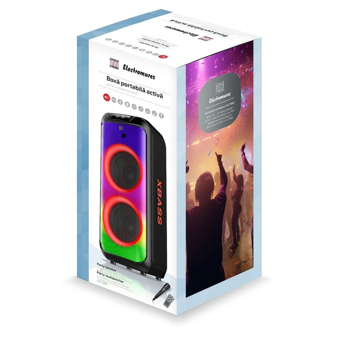 Boxa portabila activa Electromures EM 1008, 40 W, Bluetooth, USB, slot card TF, Aux in, radio FM, joc de lumini LED, negru, microfon, telecomanda - Imagine 9