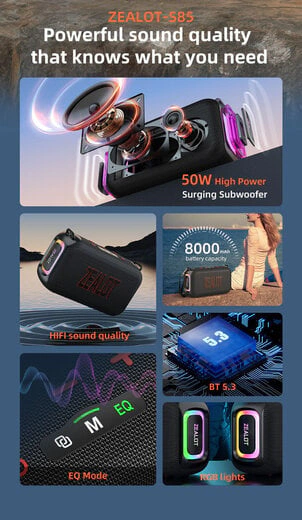 Boxa portabila, rezistenta la apa Zealot S85, 50W, Bluetooth 5.3, IPX6 Waterproof, 6h Autonomie, Black - Imagine 3
