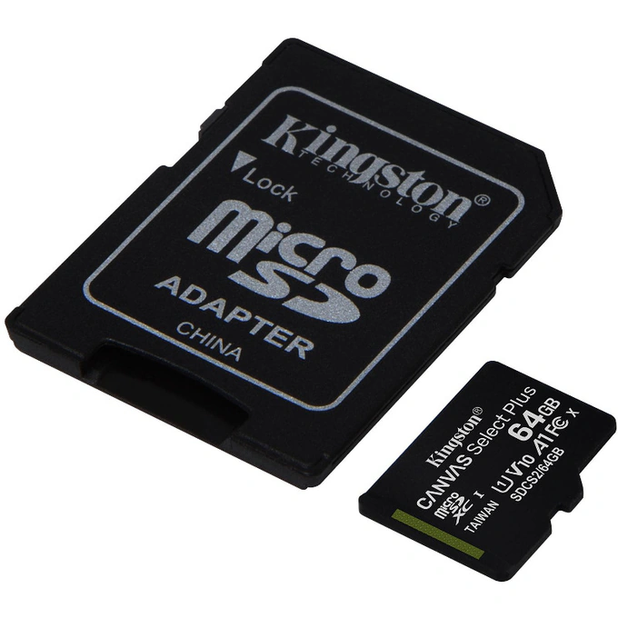 KINGSTON Card memorie KINGSTON Select Plus SDCS2/64GB, 64GB, Clasa 10, microSD, cu adaptor SD - IT-Fashion.ro