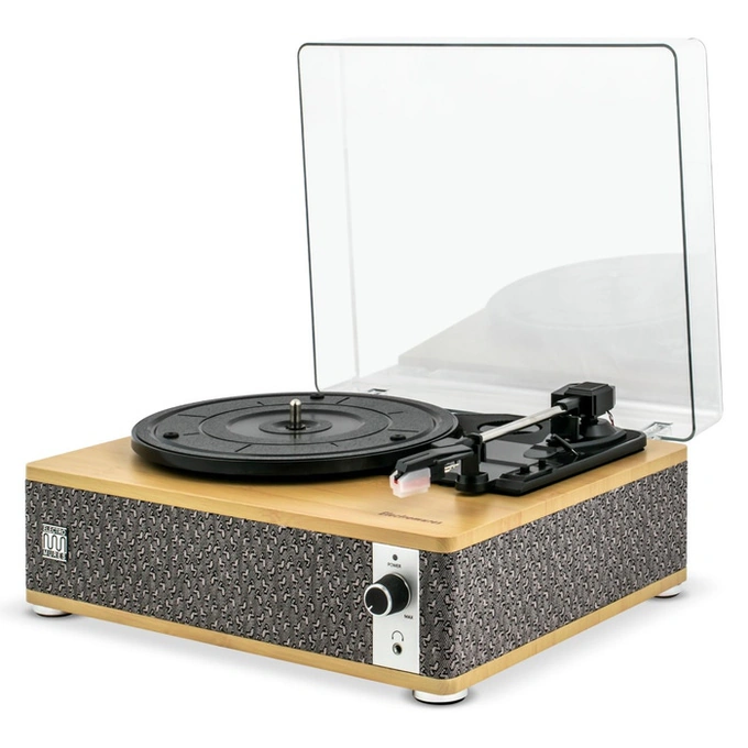 Pick-up, Electromures EM 1021 Bamboo Edition, 6 W, Bluetooth, Aux in, ac safir, difuzor stereo incorporat, oprire automata, capac transparent din plastic, bej + gri - Imagine 1