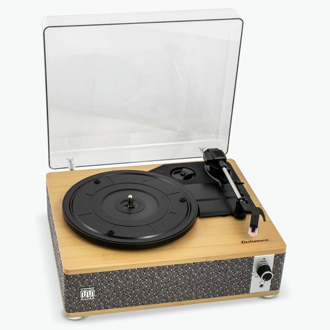 Pick-up, Electromures EM 1021 Bamboo Edition, 6 W, Bluetooth, Aux in, ac safir, difuzor stereo incorporat, oprire automata, capac transparent din plastic, bej + gri - Imagine 4