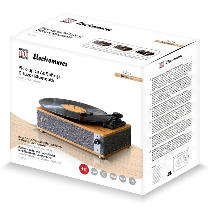 Pick-up, Electromures EM 1021 Bamboo Edition, 6 W, Bluetooth, Aux in, ac safir, difuzor stereo incorporat, oprire automata, capac transparent din plastic, bej + gri - Imagine 5