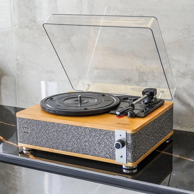 Pick-up, Electromures EM 1021 Bamboo Edition, 6 W, Bluetooth, Aux in, ac safir, difuzor stereo incorporat, oprire automata, capac transparent din plastic, bej + gri - Imagine 6