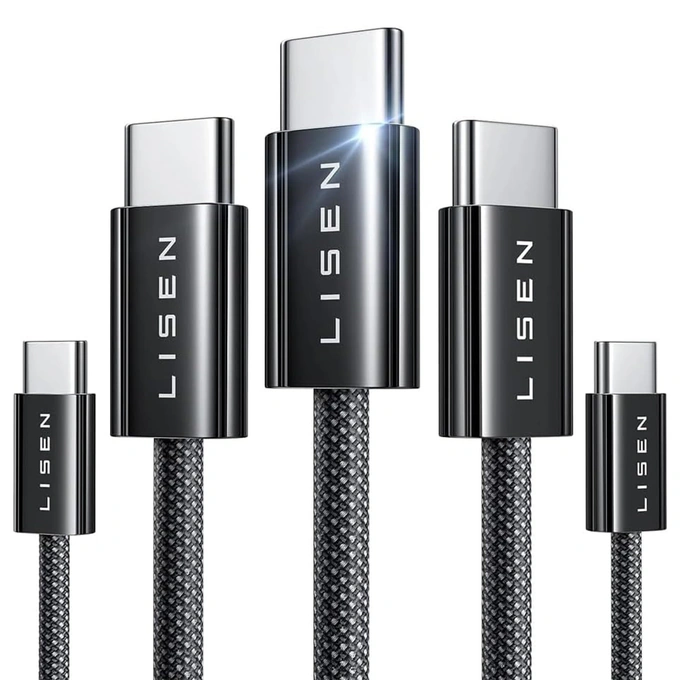 Cablu de date si incarcare LISEN YL0123070010, USB-C - USB-C, 60W, Set 5 bucati (2x1m, 2x2m, 1x3m), Negru - Imagine 1