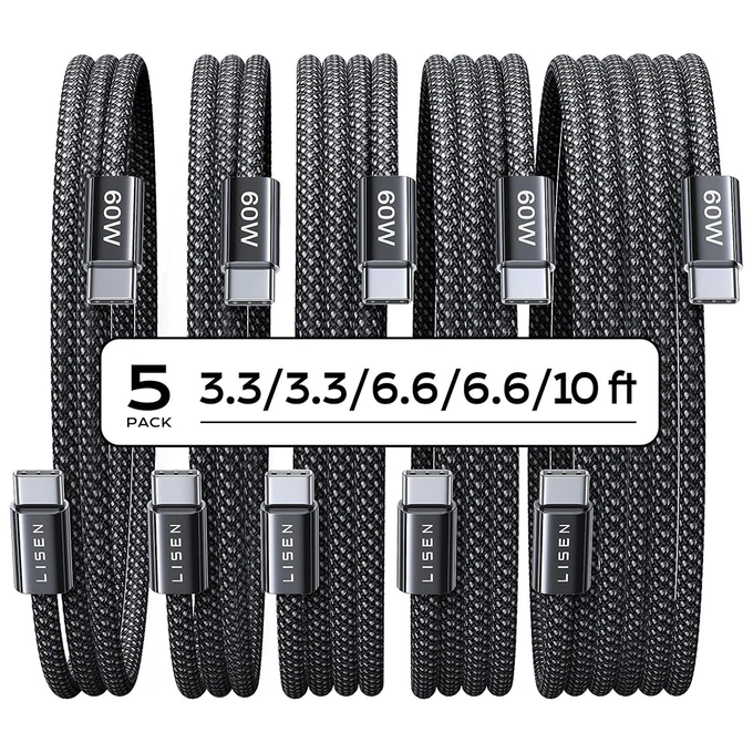 Lisen Cablu de date si incarcare LISEN YL0123070010, USB-C - USB-C, 60W, Set 5 bucati (2x1m, 2x2m, 1x3m), Negru - IT-Fashion.ro