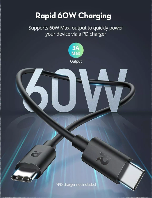 Cablu de date si incarcare RAVPOWER RP-CB1021, USB-C - USB-C, 60W, 1m, Negru - Imagine 4