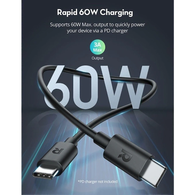 RavPower Cablu RavPower RP-CB1022 75-07010-047, USB-C la USB-C, TPE, 2m, Negru - IT-Fashion.ro