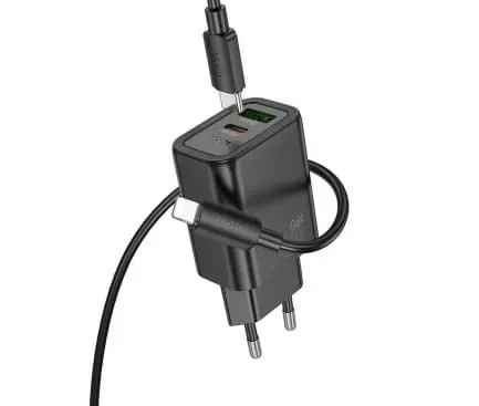 Incarcator retea HOCO N63, 30W, 1x USB-C, 1x USB-A, Black + Cablu Lightning - Imagine 1
