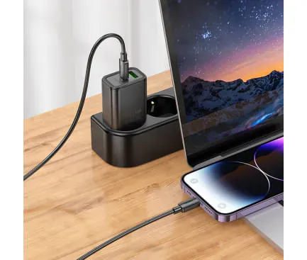 Incarcator retea HOCO N63, 30W, 1x USB-C, 1x USB-A, Black + Cablu Lightning - Imagine 3
