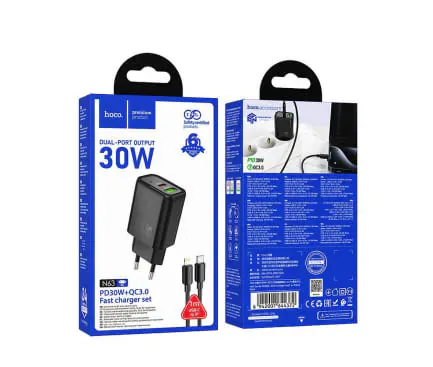 Incarcator retea HOCO N63, 30W, 1x USB-C, 1x USB-A, Black + Cablu Lightning - Imagine 4