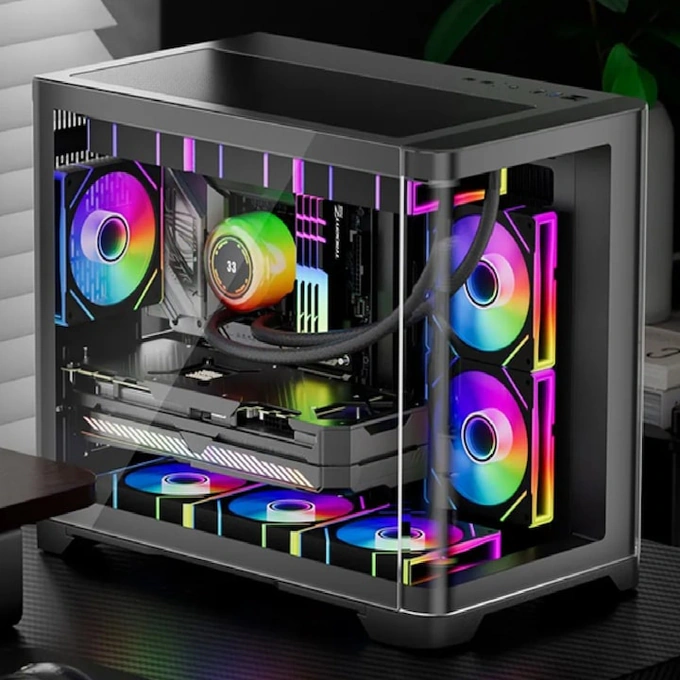 Carcasa 1stPLAYER® Gaming UV6 Black, Micro-ATX, 6 ventilatoare aRGB infinity efect plus PWM, telecomanda, negru - Imagine 5