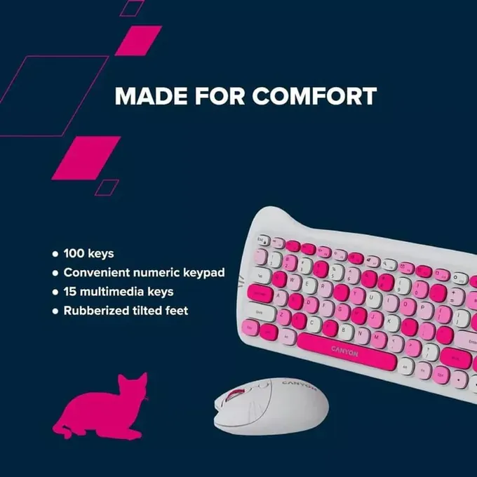 Kit tastatură + mouse wireless CANYON Kitty Edition roz CNS-HSETW6PK - Imagine 5