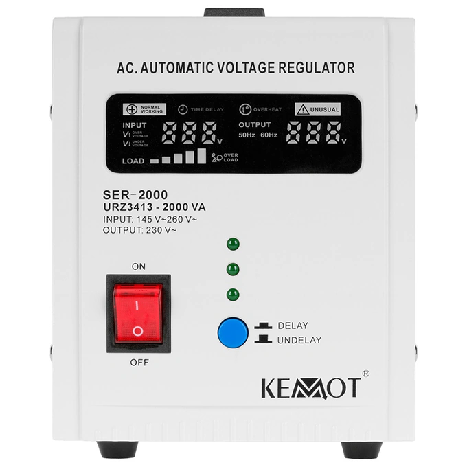 KEMOT Stabilizator de tensiune monofazat KEMOT SER-2000 URZ3413, 2000 VA, 145-260 V intrare, transformator toroidal C.R.G.O., afisaj LED - IT-Fashion.ro