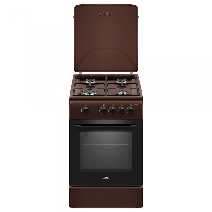 Aragaz pe gaz Samus SM561MBS, 4 arzatoare, cuptor pe gaz 54 litri, geam dublu la cuptor, capac metalic, latime 50 cm, maro - Imagine 1
