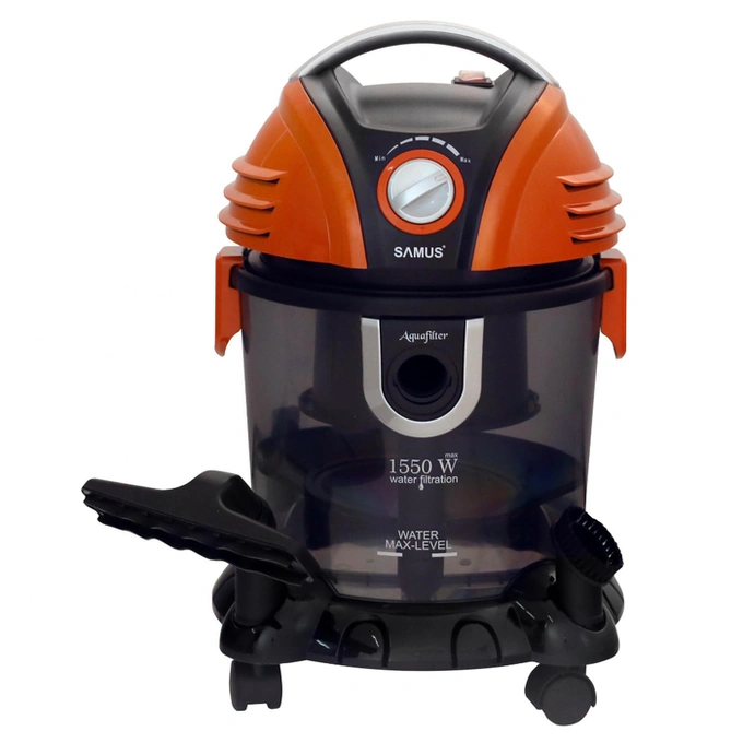 Samus Aspirator Samus Aquafilter Orange, cu filtrare prin apa, fara sac, 15 litri, 1550 W, filtru HEPA, aspirare umeda si uscata, functie suflare aer, negru + portocaliu - IT-Fashion.ro