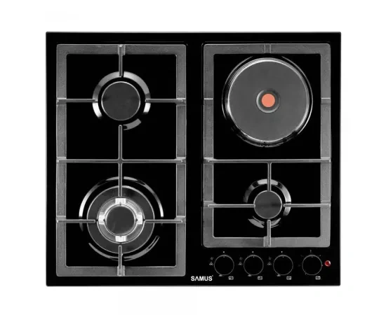 Plita incorporabila mixta SAMUS PSGE-63SB1, 3 arzatoare gaz + 1 electric, aprindere electrica, gratar fonta, negru - Imagine 1