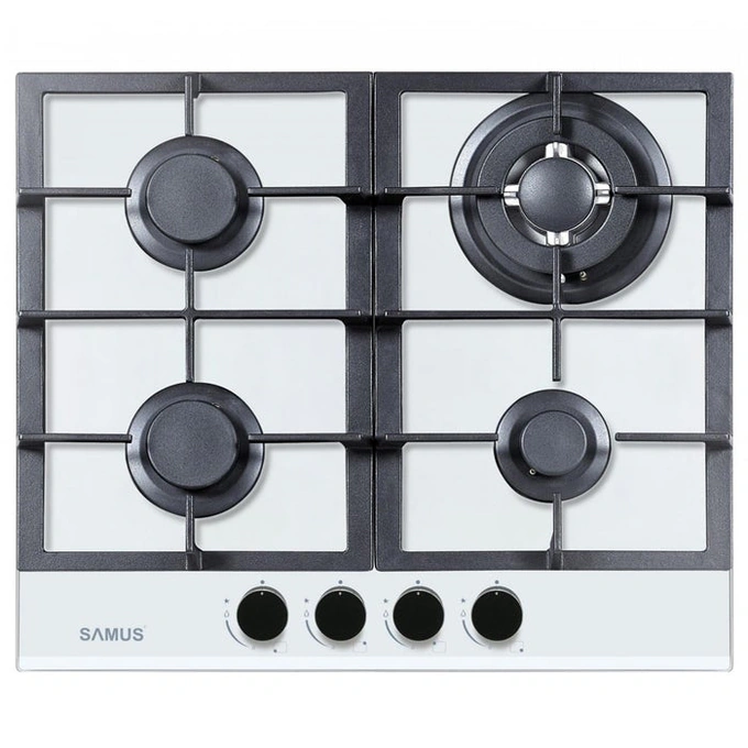 Plita pe gaz incorporabila Samus PSG-64SG3 WH, 4 arzatoare, arzator Wok, putere 8 kW, aprindere electrica, dispozitiv siguranta arzatoare, alb - Imagine 1