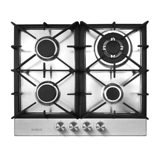 Plita pe gaz incorporabila Samus PSG-64SX7, 4 arzatoare, 1 arzator Wok, aprindere electrica, gratar fonta, panou frontal, argintiu - Imagine 1