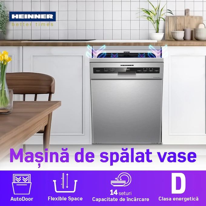 HEINNER Masina de spalat vase HEINNER HDW-FSM60714AXD+++, 14 seturi, 7 programe, Clasa D, 60 cm, Inox - IT-Fashion.ro