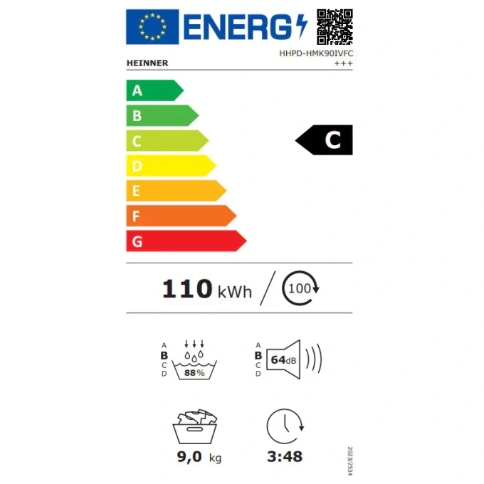 Uscator de rufe cu pompa de caldura HEINNER HHPD-HMK90IVFC+++, Inverter, 9 kg, 14 programe, Clasa C, Alb - Imagine 3