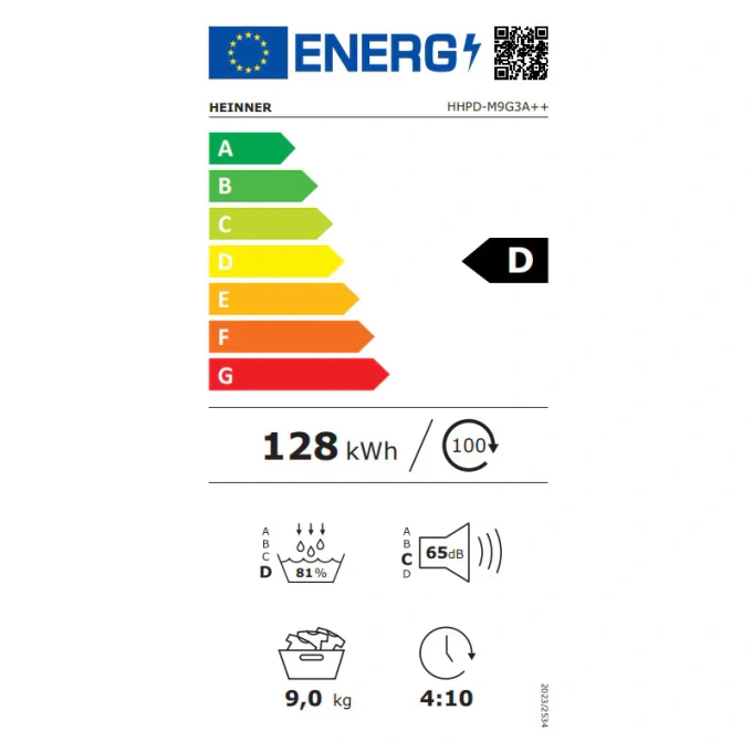 HEINNER Uscator de rufe cu pompa de caldura HEINNER HHPD-M9G3A++, Inverter, 9 kg, 14 programe, Clasa D, Alb - IT-Fashion.ro