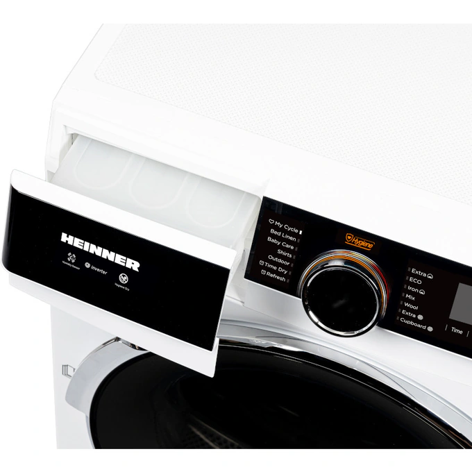 Uscator de rufe cu pompa de caldura HEINNER HHPD-M9K3A+++, Inverter, 9 kg, 14 programe, Clasa C, Alb - Imagine 3