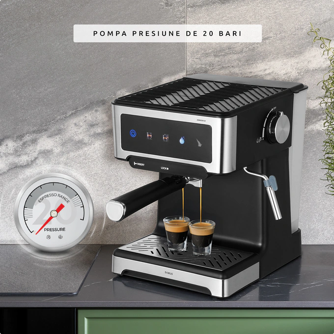 Espressor cafea, Samus Espressia 20, cafea macinata, 20 bar, 1150 W, capacitate 1.8 litri, panou touch control, negru + argintiu - Imagine 3