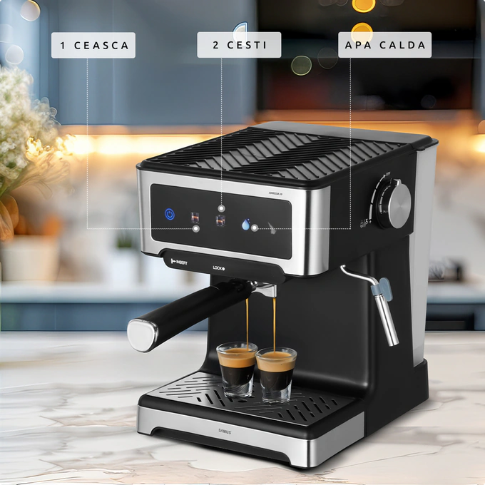 Espressor cafea, Samus Espressia 20, cafea macinata, 20 bar, 1150 W, capacitate 1.8 litri, panou touch control, negru + argintiu - Imagine 4