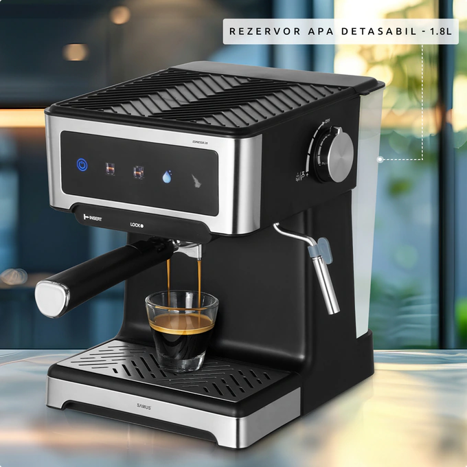 Espressor cafea, Samus Espressia 20, cafea macinata, 20 bar, 1150 W, capacitate 1.8 litri, panou touch control, negru + argintiu - Imagine 5