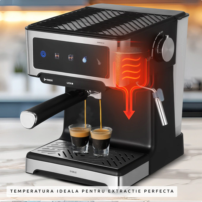 Espressor cafea, Samus Espressia 20, cafea macinata, 20 bar, 1150 W, capacitate 1.8 litri, panou touch control, negru + argintiu - Imagine 6