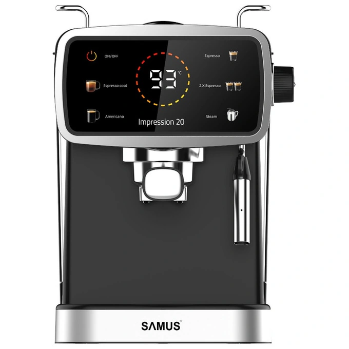 Espressor cafea, Samus Impression 20, cafea macinata, 20 bar, 1350 W, capacitate 1.5 litri, 5 bauturi presetate, afisaj digital tactil, afisare temperatura apa, negru + argintiu - Imagine 1