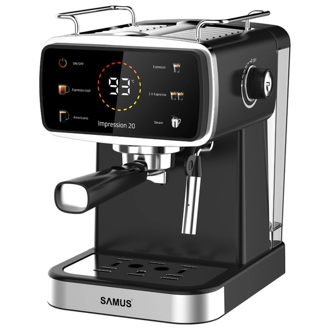 Samus Espressor cafea, Samus Impression 20, cafea macinata, 20 bar, 1350 W, capacitate 1.5 litri, 5 bauturi presetate, afisaj digital tactil, afisare temperatura apa, negru + argintiu - IT-Fashion.ro