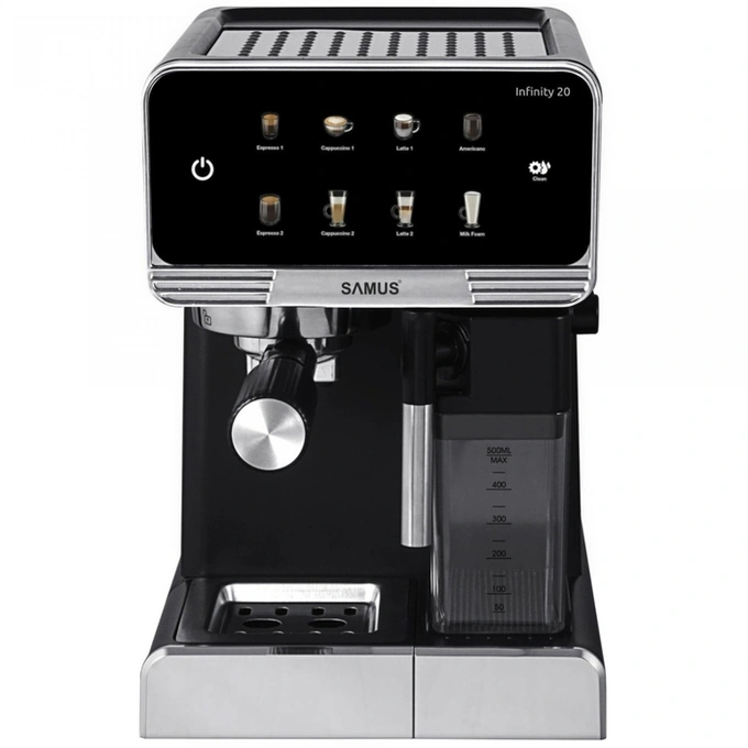 Espressor cafea Samus Infinity 20, cafea macinata, 20 bar, 1350 W, capacitate 1.8 litri, rezervor lapte 500 ml, 7 optiuni de cafea, buton curatare, negru + argintiu - Imagine 1