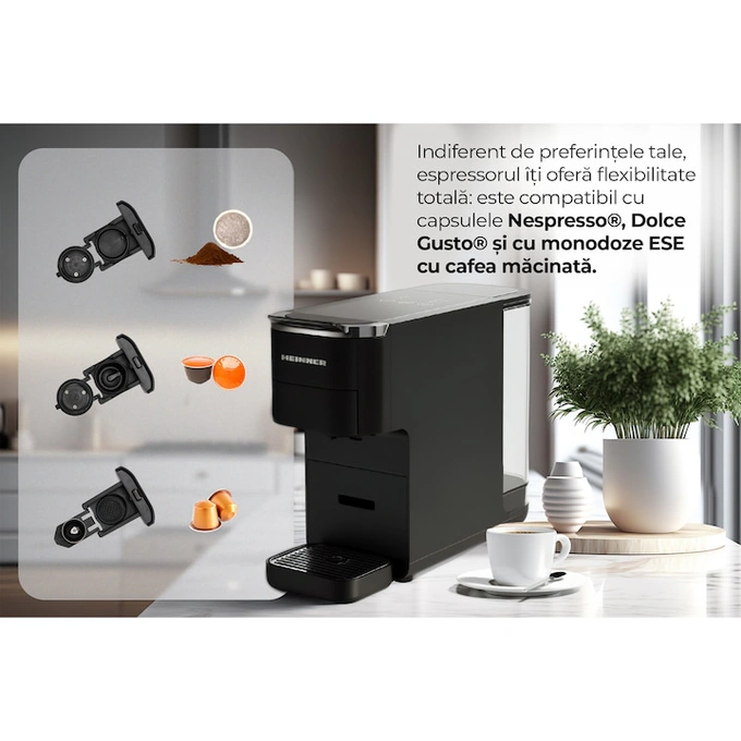 Espressor cu capsule HEINNER HEMC-DD15BK, 1525W, 15 bar, 1.5L, Negru - Imagine 4
