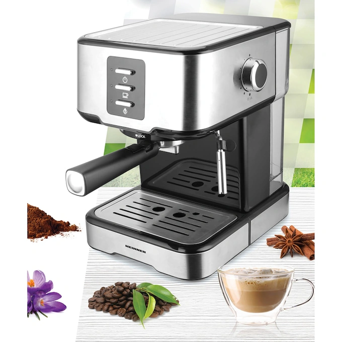 HEINNER Espressor manual Heinner Brassile HEM-850IXBK, 850W, 15bar, rezervor detasabil 1.5L, filtru dublu din inox, Negru/Inox - IT-Fashion.ro