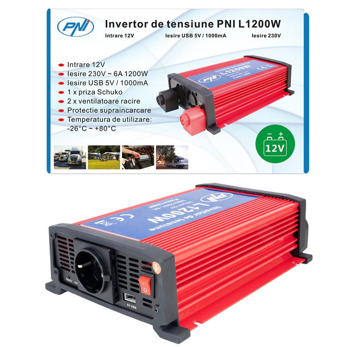 Invertor de tensiune PNI H1200W12, 12V DC la 230V AC, 1200W - Imagine 1